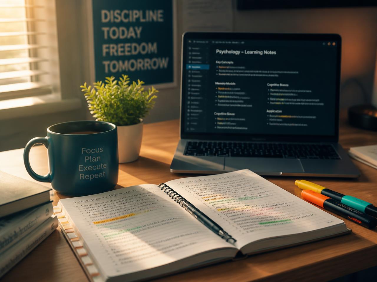 A teacher's desk with an open weekly planning notebook, highlighters, and a laptop